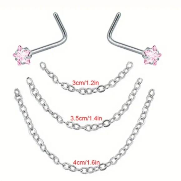 Pink crystal double nose rings with chain, stainless steel 20 gauge (0.8mm) - Picture 1 of 1